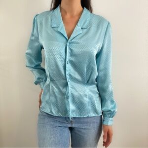 Vintage Campus Casuals mint blue satin collared button up blouse women’s